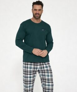 Piżama męska Cornette bawełniana długi rękaw krata zielona