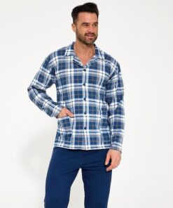 Piżama męska Cornette długi rękaw Rozpinana koszula niebieska