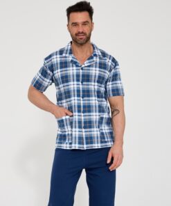 Piżama męska Cornette krótki rękaw Rozpinana koszula niebieska