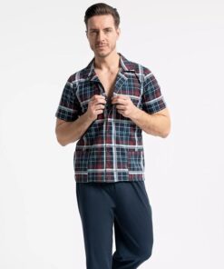 Piżama męska bawełniana krótki rękaw Rozpinana granatowa