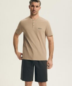 Piżama męska Henderson krótkie spodnie Bawełniana beżowa