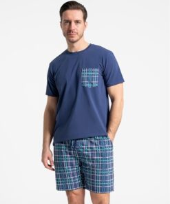 Bawełniana Piżama męska krótkie spodenki granat kratka