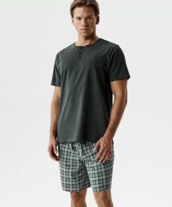 Piżama męska Atlantic krótki rękaw krótkie spodnie bawełna khaki