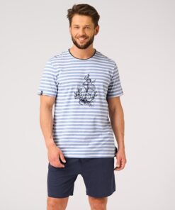 Piżama męska Key Bawełna krótkie spodenki niebieska kotwica