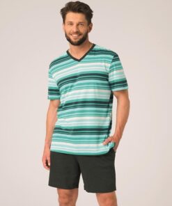 Piżama męska Key Bawełniana krótkie spodenki paski zielona