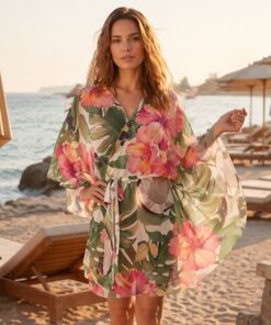 Lekkie Pareo tunika plażowa narzutka Irall czarny palmy i kwiaty 37