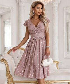 Elegancka krótka sukienka Matylda midi wrzosowy beż w groszki