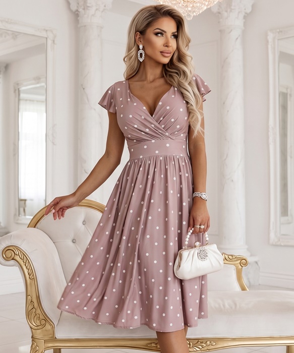 Elegancka krótka sukienka Matylda midi wrzosowy beż w groszki