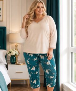 Piżama damska Cornette 3/4 rybaczki róż morela morski Plus Size