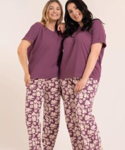 piżama damska długie spodnie krótki rękaw plus size fiolet