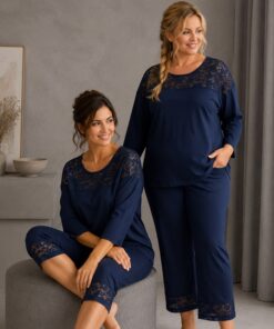 Piżama damska Regina Elegancka koronka 100% bawełna granat
