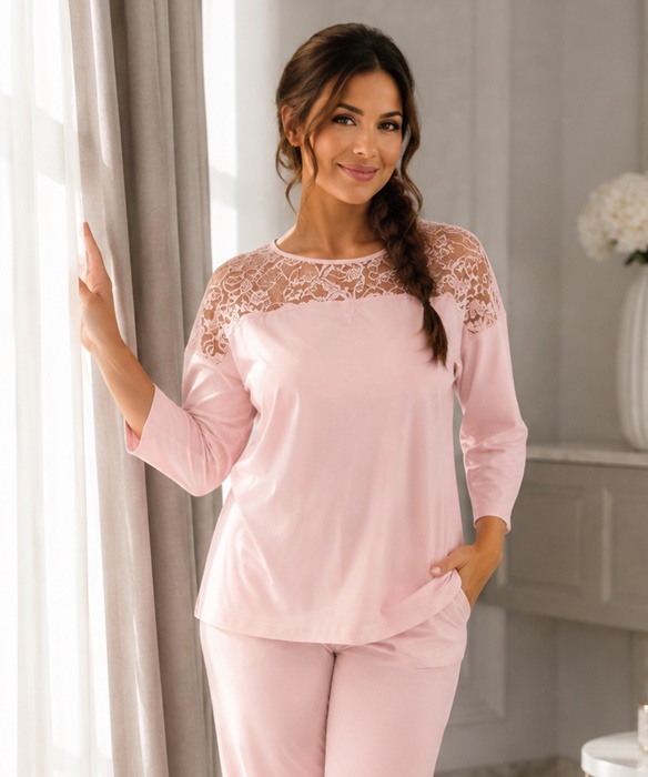 Piżama damska Regina Elegancka koronka 100% bawełna różowa - obrazek 2