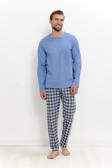 Piżama męska Taro długi rękaw i spodnie bawełniana krata jeans - obrazek 4