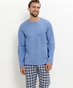 Piżama męska Taro długi rękaw i spodnie bawełniana krata jeans
