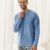 Piżama męska Taro długi rękaw i spodnie bawełniana krata jeans - obrazek 3