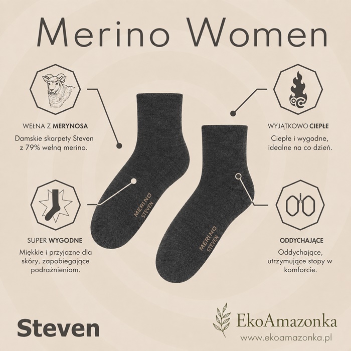Skarpetki Merino damskie Steven z Wełną Merynosów prążek bordowe - obrazek 3