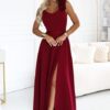 Elegancka Długa suknia z kwiatami na ramieniu i rozcięciem bordo - obrazek 2