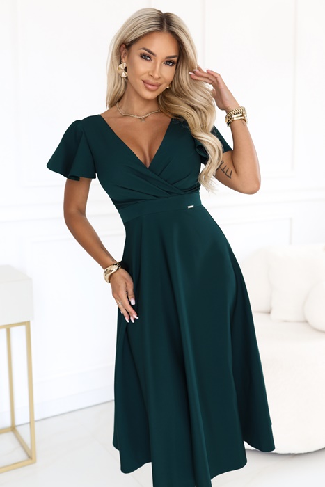 Elegancka rozkloszowana sukienka midi ciemno zielona - obrazek 7