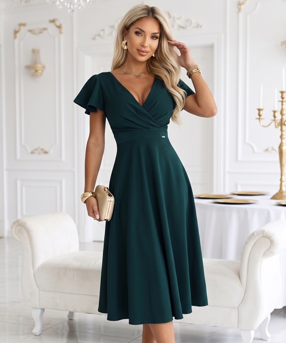 Elegancka rozkloszowana sukienka midi ciemno zielona