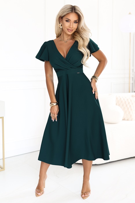 Elegancka rozkloszowana sukienka midi ciemno zielona - obrazek 2