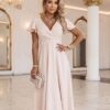 Elegancka rozkloszowana sukienka midi jasno beżowa