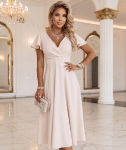 Elegancka rozkloszowana sukienka midi jasno beżowa