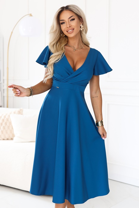 Elegancka rozkloszowana sukienka midi niebieska - obrazek 6