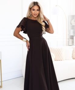 Elegancka Długa suknia z motylkowymi cekinowymi rękawkami brązowa