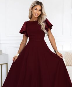 Elegancka Długa suknia z motylkowymi cekinowymi rękawkami bordo