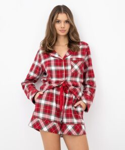 Flanelowa Piżama damska Sensis krótka rozpinana krata czerwona