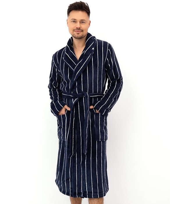 Elegancki Szlafrok męski Sensis ciemny granat w paski