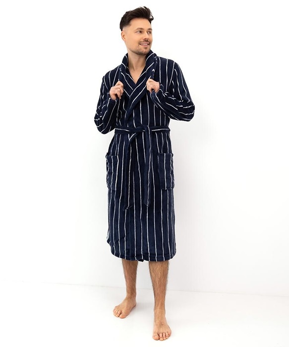 Elegancki Szlafrok męski Sensis ciemny granat w paski - obrazek 2