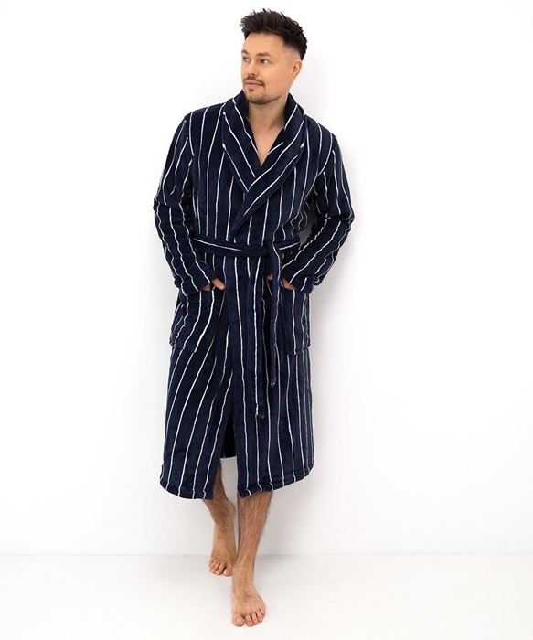 Elegancki Szlafrok męski Sensis ciemny granat w paski - obrazek 4