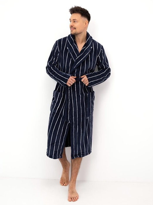 Elegancki Szlafrok męski Sensis ciemny granat w paski - obrazek 3