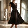 Elegancka krótka sukienka Matylda midi czekoladowy brązowy - obrazek 7
