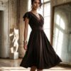 Elegancka krótka sukienka Matylda midi czekoladowy brązowy