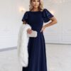 Elegancka Długa suknia z motylkowymi cekinowymi rękawkami granat