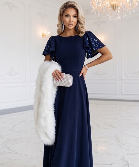 Elegancka Długa suknia z motylkowymi cekinowymi rękawkami granat