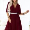 Sukienka długa tiulowa zwiewne rękawki elegancki pasek bordowa - obrazek 7