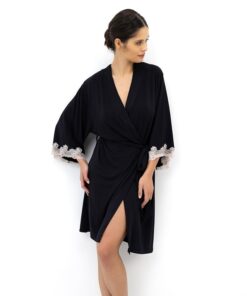 Cienki szlafrok damski elegancki Sensis bambusowy z koronką czarny