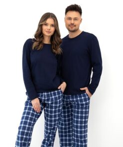 Piżamy dla Par - zestaw piżama damska i męska 100% bawełniane granatowe